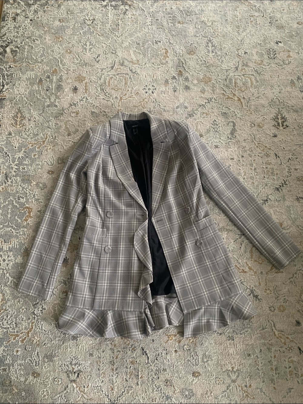 Forever 21 Grey Plaid Ruffle-Hem Blazer